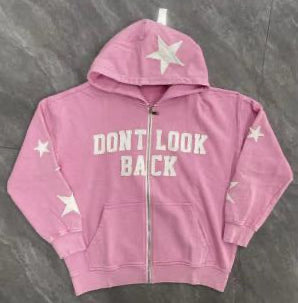 Pink hoodie and shorts set with 'Don't Look Back' text on a gray floor.